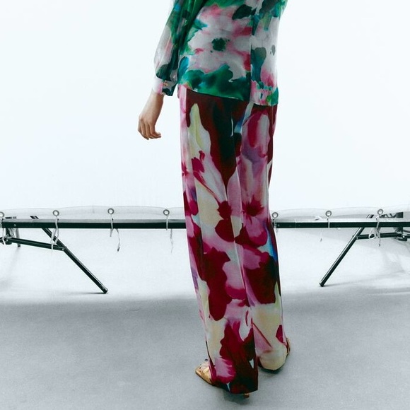 ZARA Satin Floral Print Palazzo Pant Trousers - Picture 13 of 16